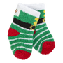 Pair of green and red socks with a cartoon character on a white background