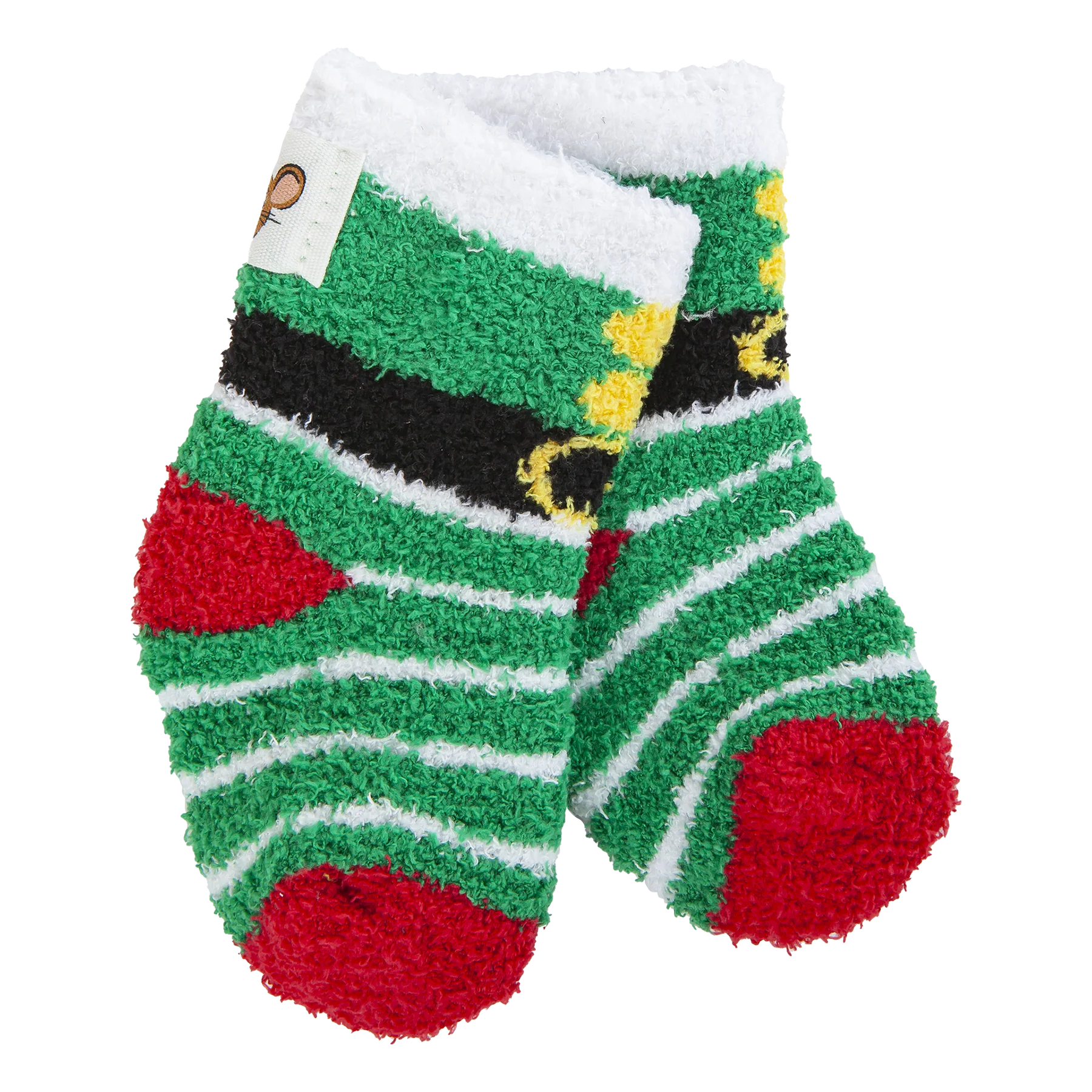 Pair of green and red socks with a cartoon character on a white background