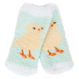 Pair of socks with chick design on a light blue background