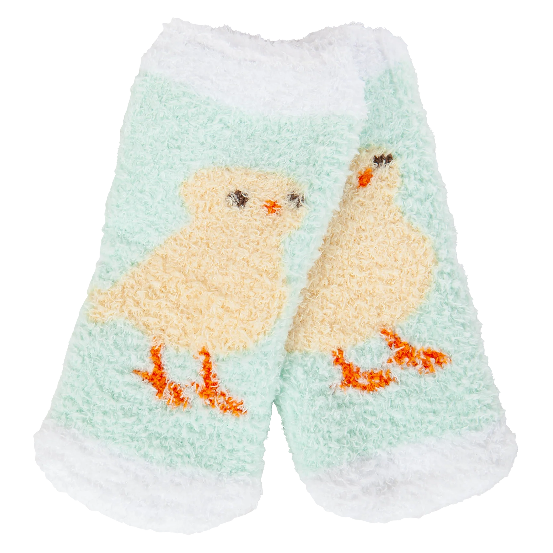 Pair of socks with chick design on a light blue background