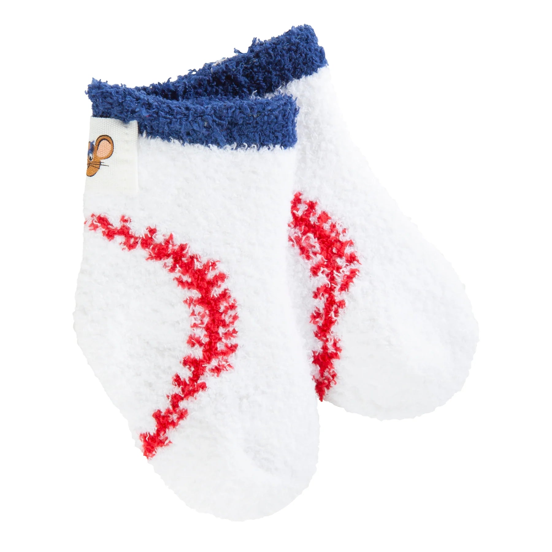 Pair of white socks with red pattern and blue fuzzy cuff on a white background