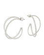 A pair of silver hoop earrings with a double-band twisted design, featuring clear pavé-set stones along the front bands, shown against a plain white background.