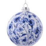A round blue and white floral ornament with a hanging loop at the top, shown against a plain white background.
