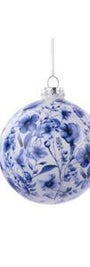 A round blue and white floral ornament with a hanging loop at the top, shown against a plain white background.