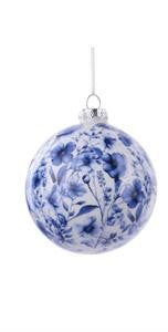 A round blue and white floral ornament with a hanging loop at the top, shown against a plain white background.