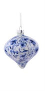 A blue and white floral ornament with a silver cap and hanging loop, shown against a plain white background.