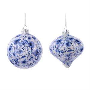Two blue and white patterned Christmas ornaments hanging against a plain white background.