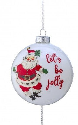 Glass ball ornament with dancing Santa and 'Lets be jolly' red green lettering