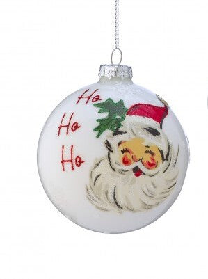 Glass ball ornament with 'Ho Ho Ho' text and dancing Santa with tree accents