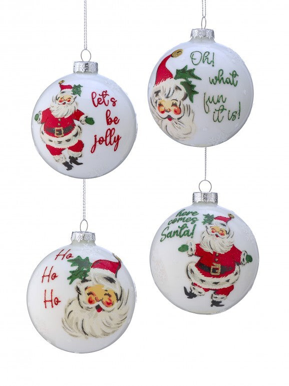 Glass ball ornament with dancing Santa, 'Lets be jolly' text and wreath details
