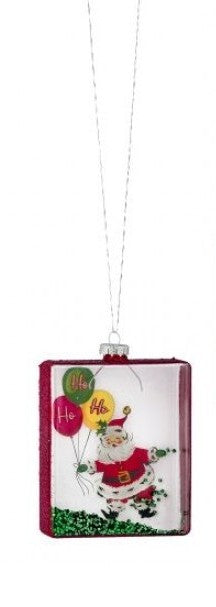 A square Christmas ornament featuring a festive illustration of Santa Claus with balloons and the words 'Ho Ho Ho' on a white background with a dark red border, suspended by a silver string.