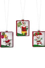 Three rectangular Christmas ornaments hanging from silver strings, each featuring a different festive illustration of Santa Claus: one with balloons, one emerging from a gift box, and one parachuting with a red umbrella.