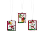Three rectangular Christmas ornaments hanging from silver strings, each featuring a different festive illustration of Santa Claus: one with balloons, one emerging from a gift box, and one parachuting with a red umbrella.