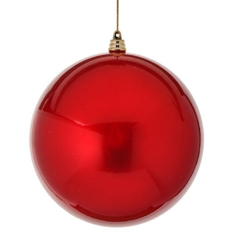 Glossy red ball Christmas ornament with gold cap and hanging loop