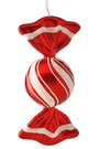 Red and white striped candy ornament on a white background