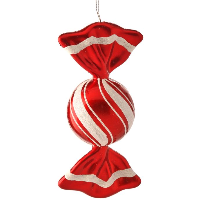 Red and white striped candy ornament on a white background