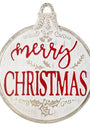 A round distressed Christmas ornament sign with a hanging loop at the top, featuring the words 'merry CHRISTMAS' in red lettering with gold holly and scroll accents on a white background.