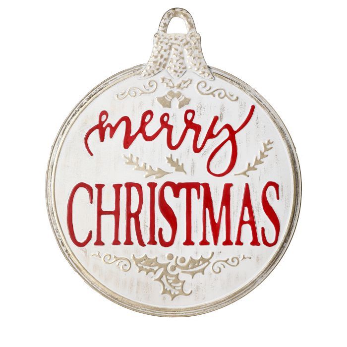 A round distressed Christmas ornament sign with a hanging loop at the top, featuring the words 'merry CHRISTMAS' in red lettering with gold holly and scroll accents on a white background.
