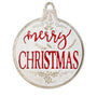 A round distressed Christmas ornament sign with a hanging loop at the top, featuring the words 'merry CHRISTMAS' in red lettering with gold holly and scroll accents on a white background.