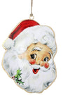 A vintage-style Christmas ornament shaped like Santa's face, featuring a red Santa hat, white beard, rosy cheeks, and a small holly sprig, hanging against a plain white background.