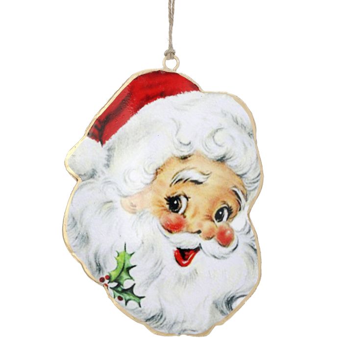 A vintage-style Christmas ornament shaped like Santa's face, featuring a red Santa hat, white beard, rosy cheeks, and a small holly sprig, hanging against a plain white background.
