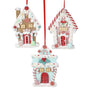 Three gingerbread house Christmas ornaments hanging from red strings on a white background. The ornaments feature different decorated house designs in pastel colors with red roofs, candy canes, and snow-like icing details.
