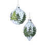 Glass Christmas ornament ball with evergreen tree motif, silver glitter, hanging loop