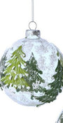 Glass Christmas ornament ball with detailed evergreen trees, silver glitter finish, loop