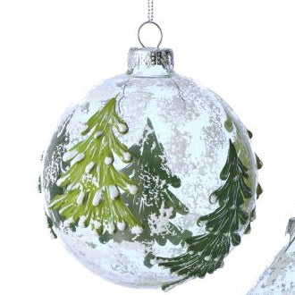 Glass Christmas ornament ball with detailed evergreen trees, silver glitter finish, loop
