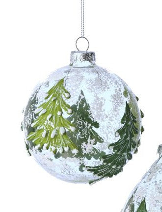 Glass Christmas ornament ball with detailed evergreen trees, silver glitter finish, loop
