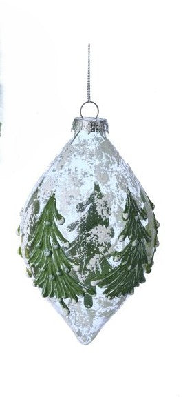 Evergreen glass finial ornament with tree motif, silver glitter, hanging loop