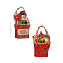 Red holiday gift bag ornament with snowman and bear figures, rope handle detail