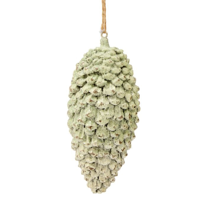 Green resin pine cone ornament with hanging loop