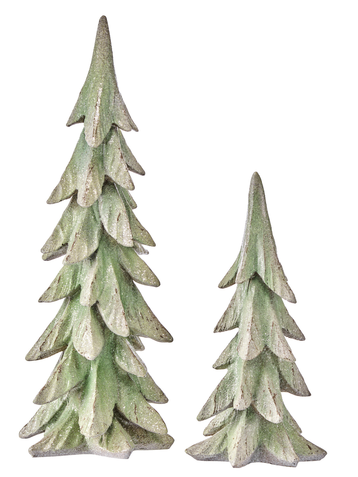 Resin winter tree set of two: tall and small green glitter trees with tiered branches
