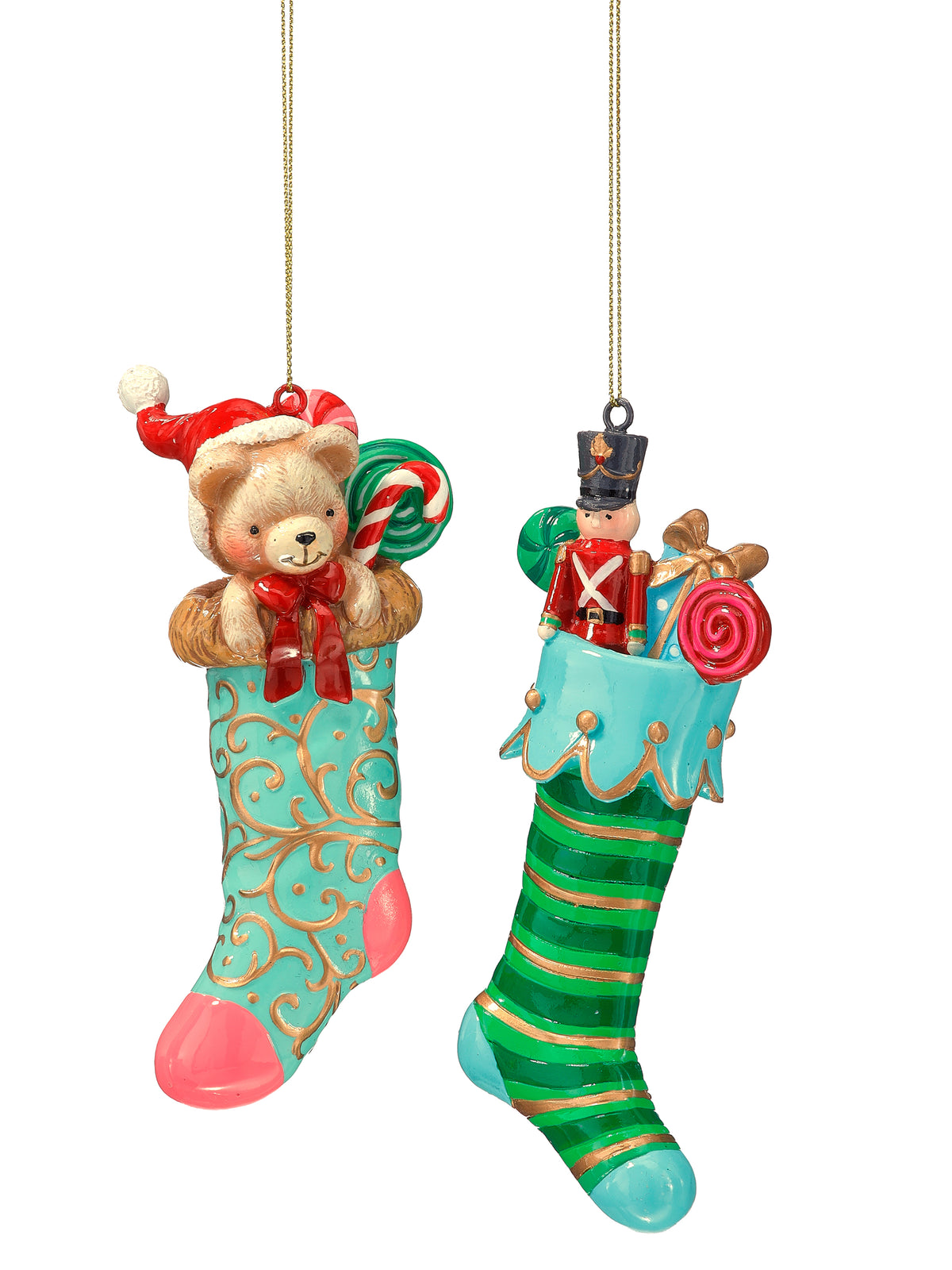 Resin bear stocking ornament with striped candy cane and teddy bear topper