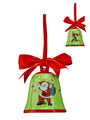 Christmas bell ornament: green bell with Santa artwork, red ribbon bow hanger