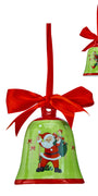Christmas bell ornament: green bell with Santa artwork, red ribbon bow hanger