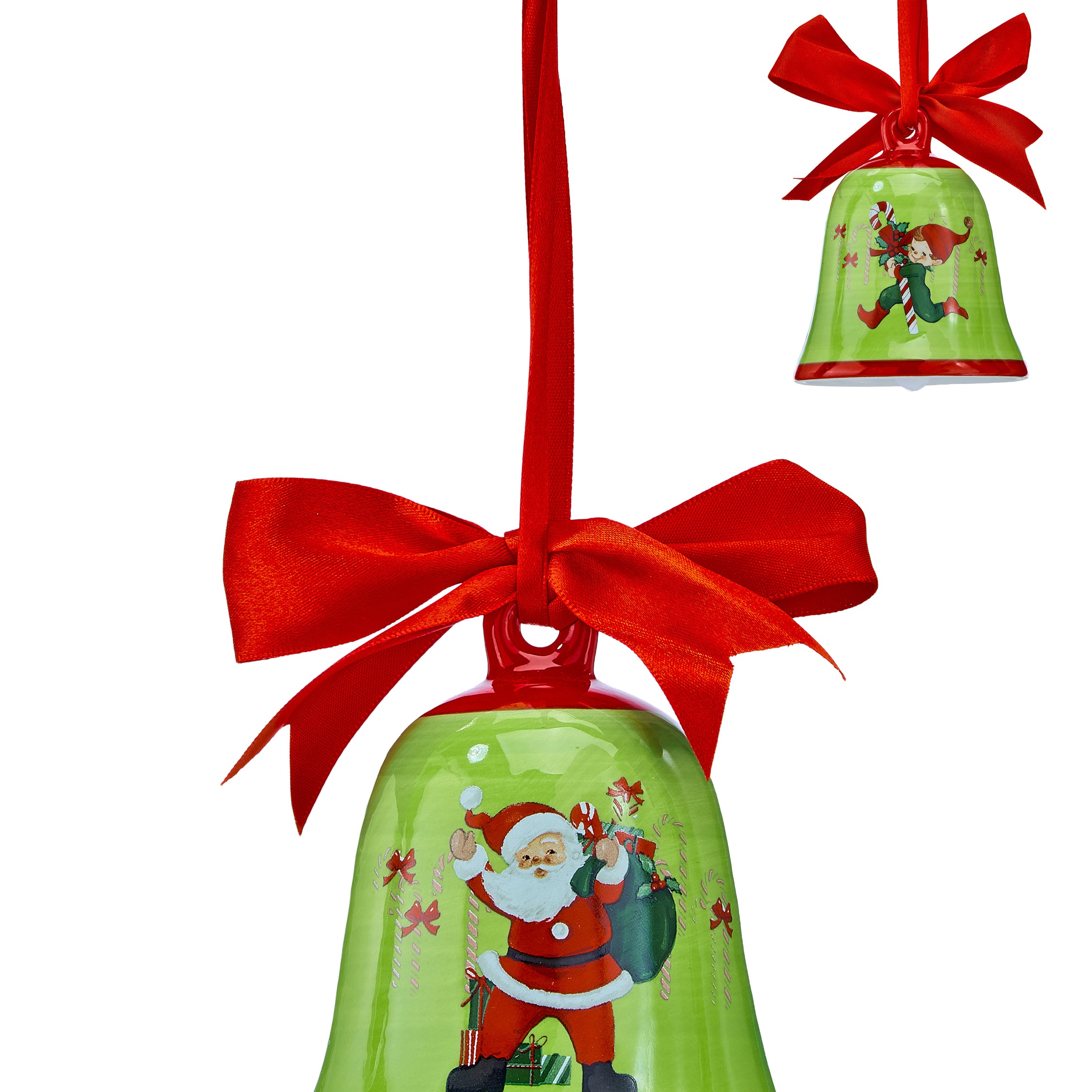Christmas bell ornament: green bell with Santa artwork, red ribbon bow hanger