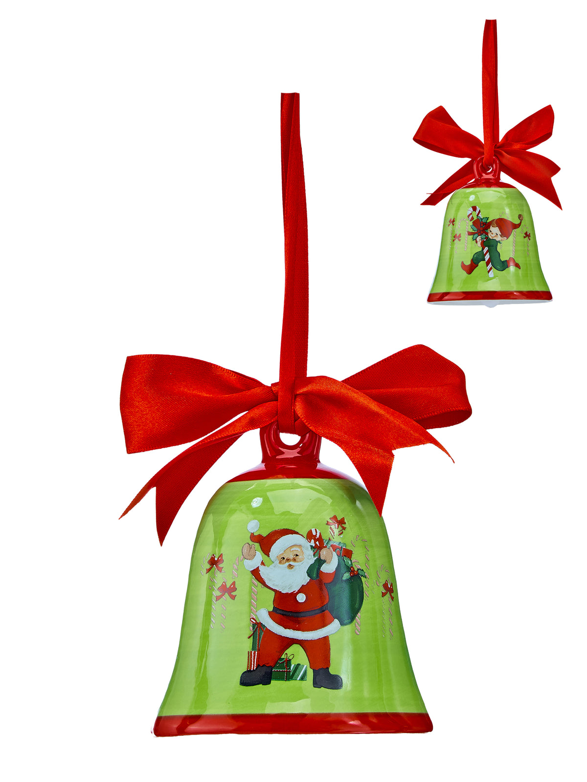 Christmas bell ornament: green bell with Santa artwork, red ribbon bow hanger