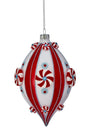 Red-and-white striped glass peppermint finial ornament with hanging loop