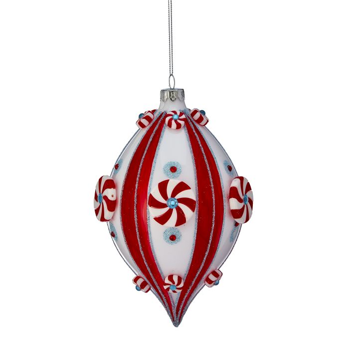Red-and-white striped glass peppermint finial ornament with hanging loop