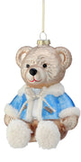 Cozy bear Christmas ornament, white bear in blue outfit with scarf, hanging gold cap
