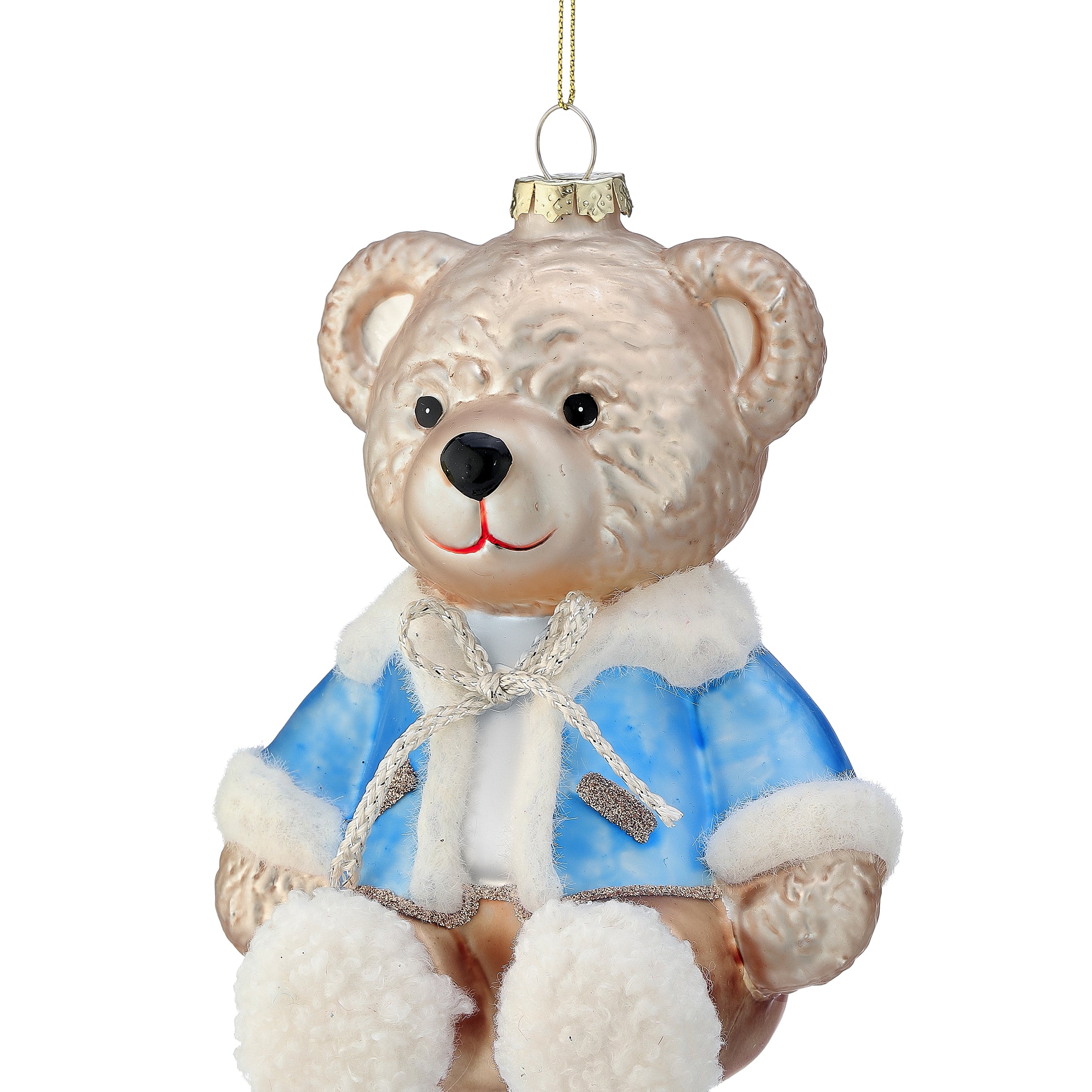 Cozy bear Christmas ornament, white bear in blue outfit with scarf, hanging gold cap