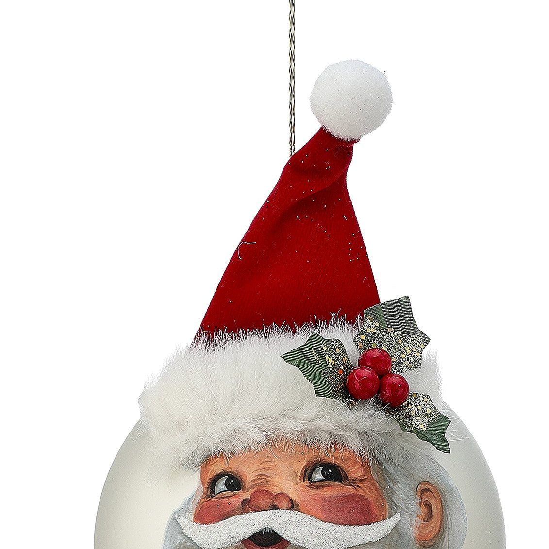 A round Christmas ornament featuring a printed Santa Claus face with a red hat, white beard, and holly accents, hanging from a silver chain against a white background.