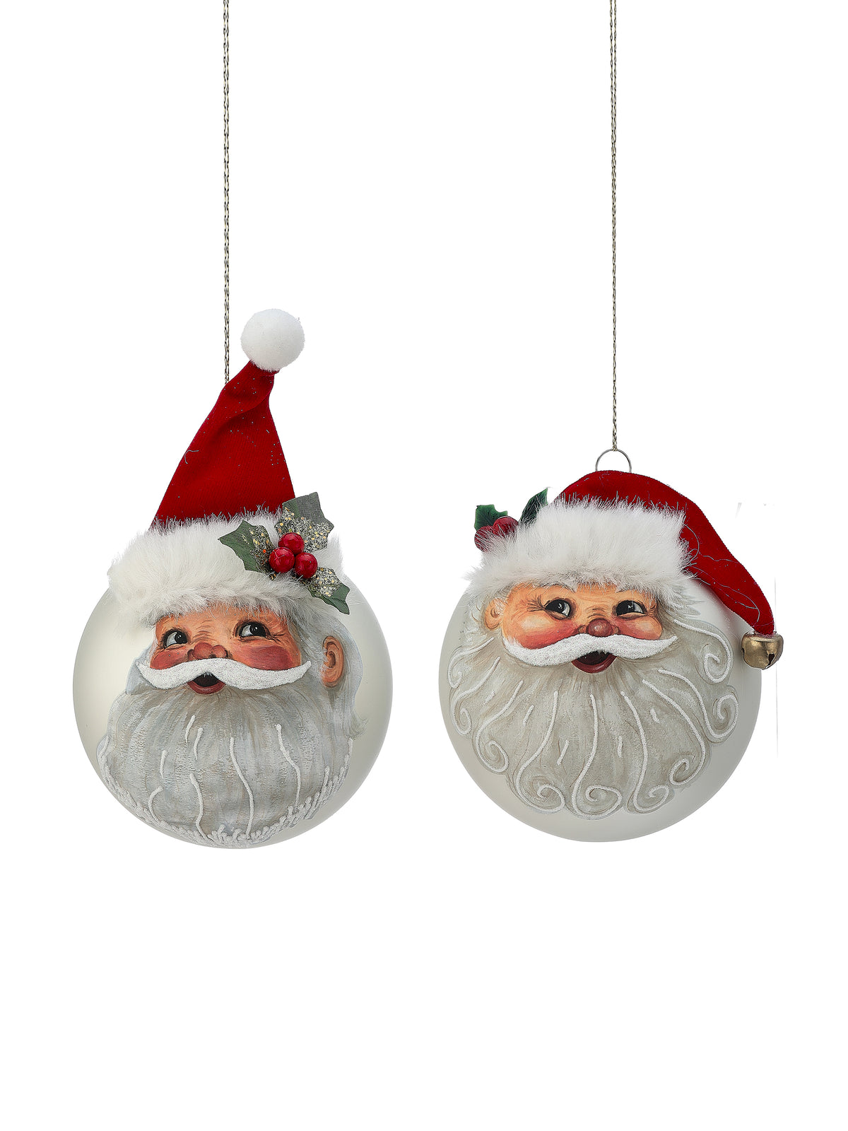 Santa glass ball ornament with white beard, red felt hat, holly detail