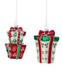 Gift box ornament set: stacked and single hanging boxes, red bow with green details