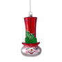 Snowman ornament with tall red top hat, green holly, smiling face, and hanging loop