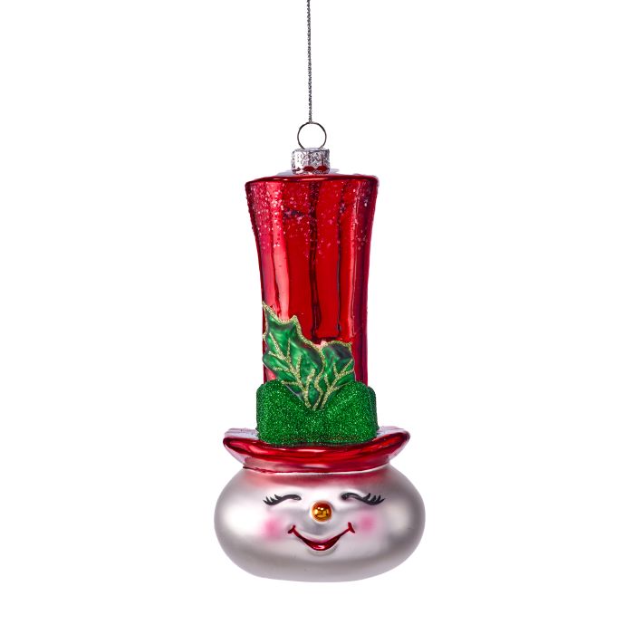 Snowman ornament with tall red top hat, green holly, smiling face, and hanging loop