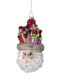 Hanging Santa head ornament with glitter trim and colorful gift boxes