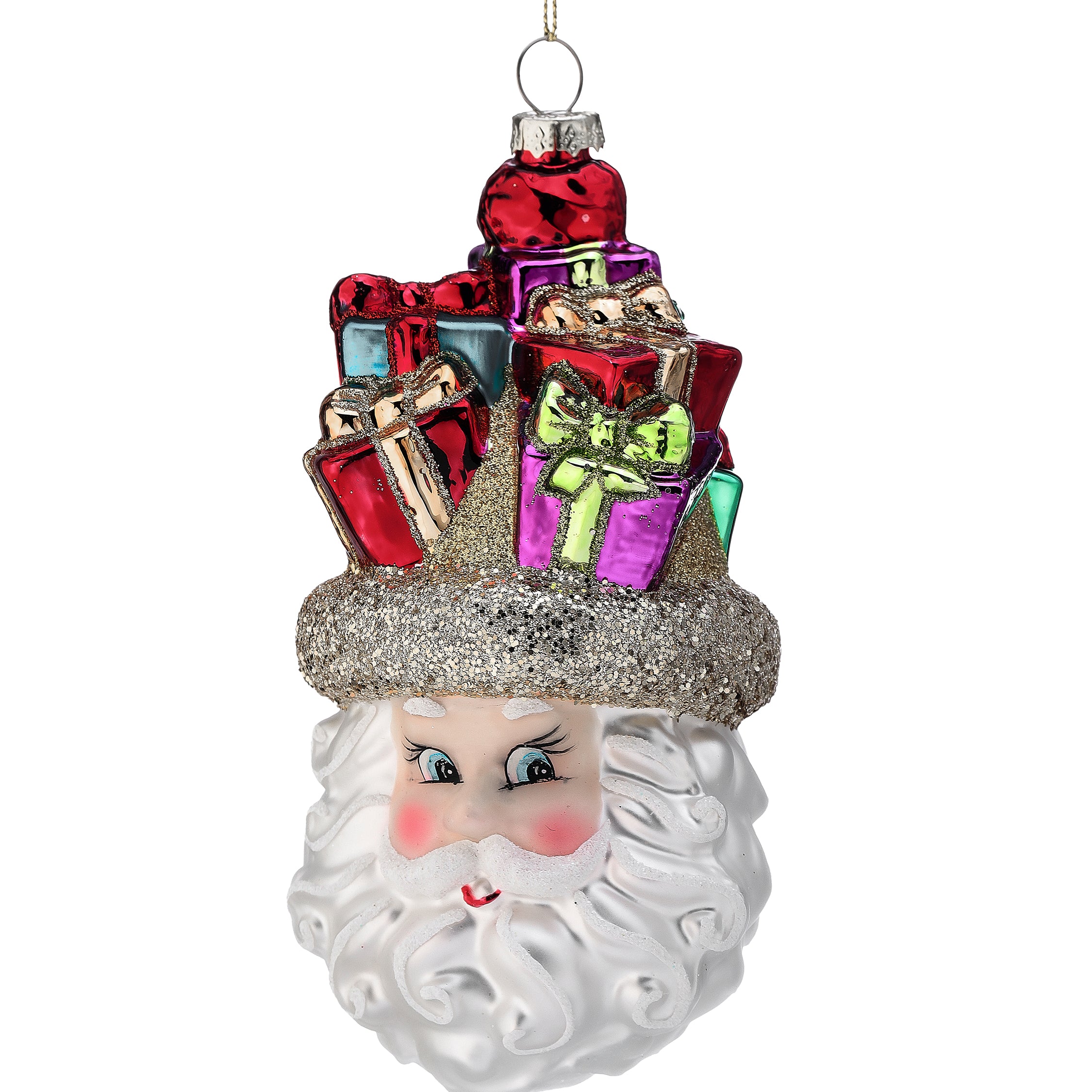 Hanging Santa head ornament with glitter trim and colorful gift boxes